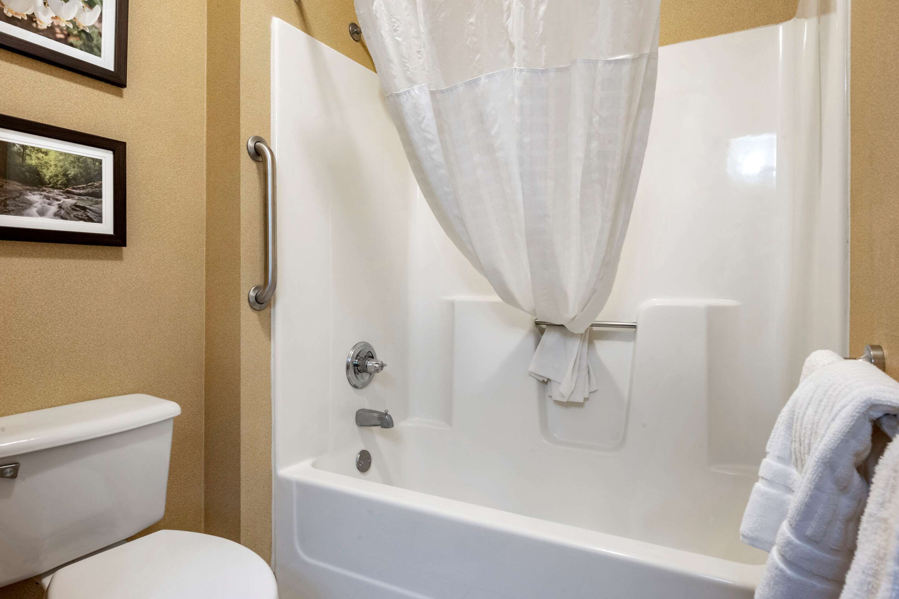 A bathroom with a white bathtub, a toilet, and a shower curtain.