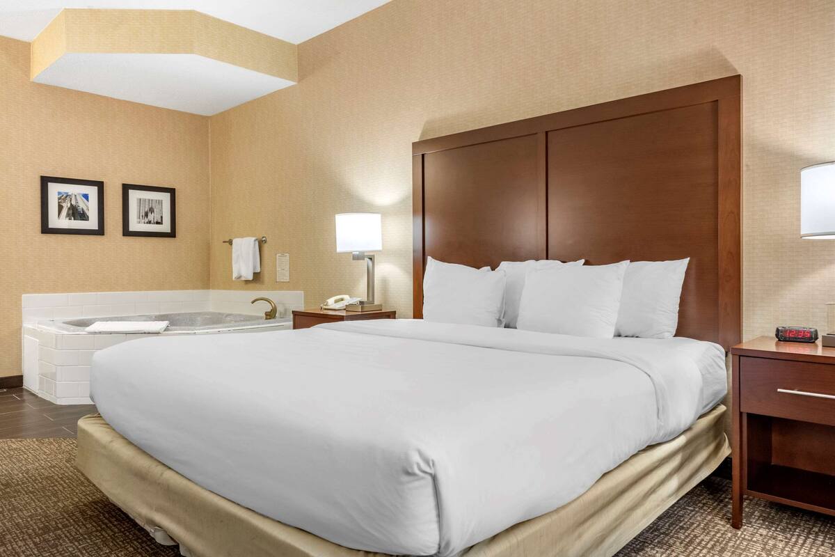 Une chambre d’hôtel avec un grand lit, une salle de bain séparée avec une baignoire, une table de chevet avec une lampe et deux tableaux encadrés au mur.