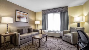 Une chambre d’hôtel avec un canapé, un fauteuil et une petite table. Il y a une fenêtre avec des rideaux et un appareil de climatisation.