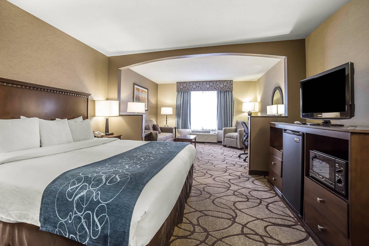 A hotel room with a large bed, a desk, a television, and a seating area with a view of the outdoors.