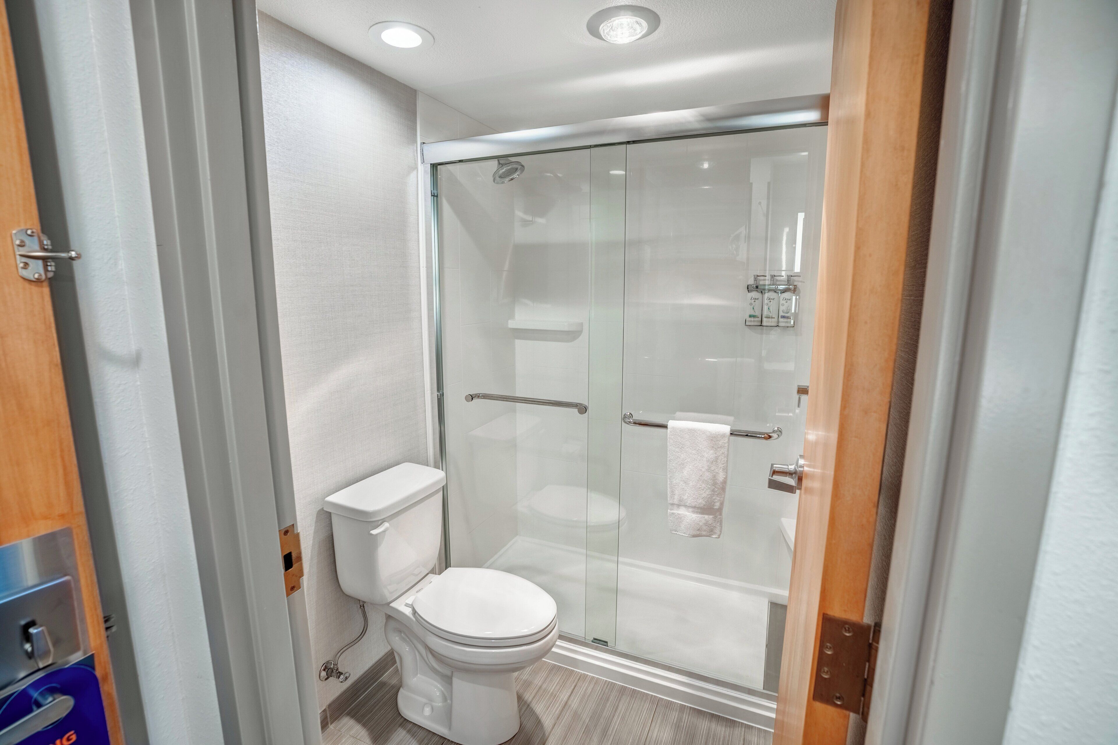 A modern bathroom with a glass-enclosed shower, a toilet, and a towel rack.