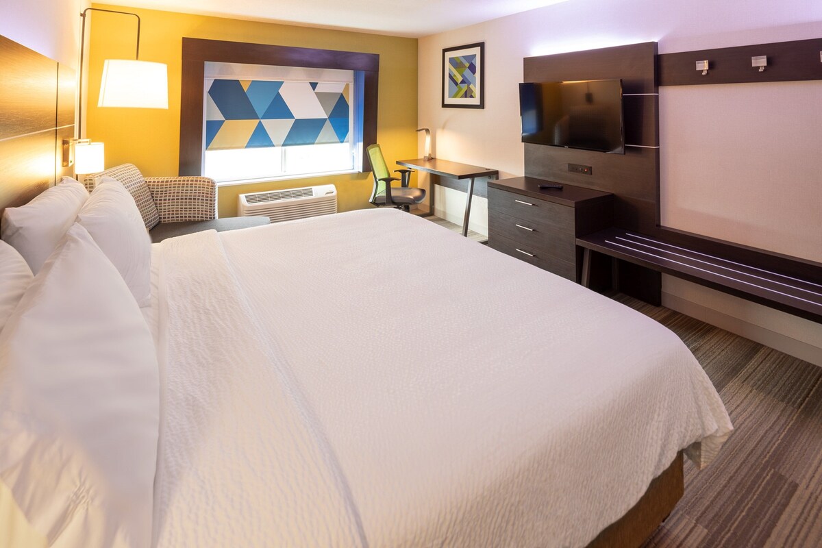 A hotel room with a large bed, a desk, a chair, a television, and a window with a geometric view.