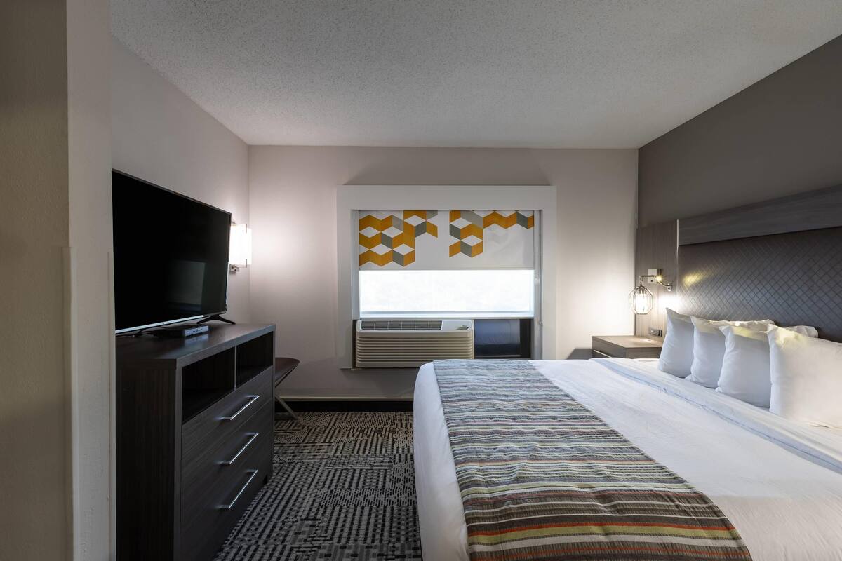 A hotel room with a large bed, a flat-screen TV, a dresser, a window with geometric curtains, and a wall-mounted light fixture.