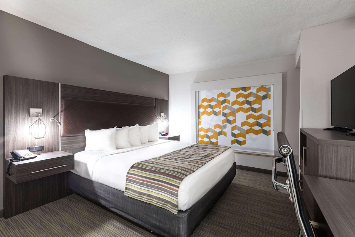 Premium bedding, desk, laptop workspace, blackout drapes