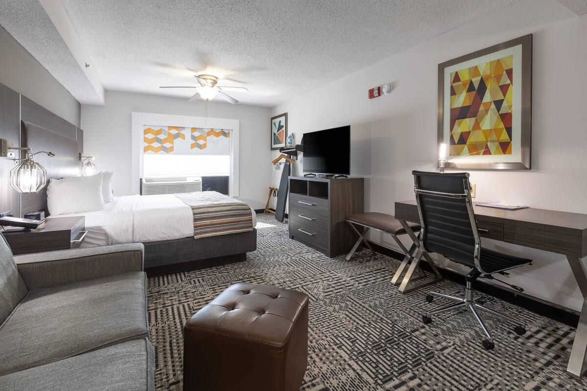 A hotel room with a bed, a desk, a chair, a television, and artwork on the walls.