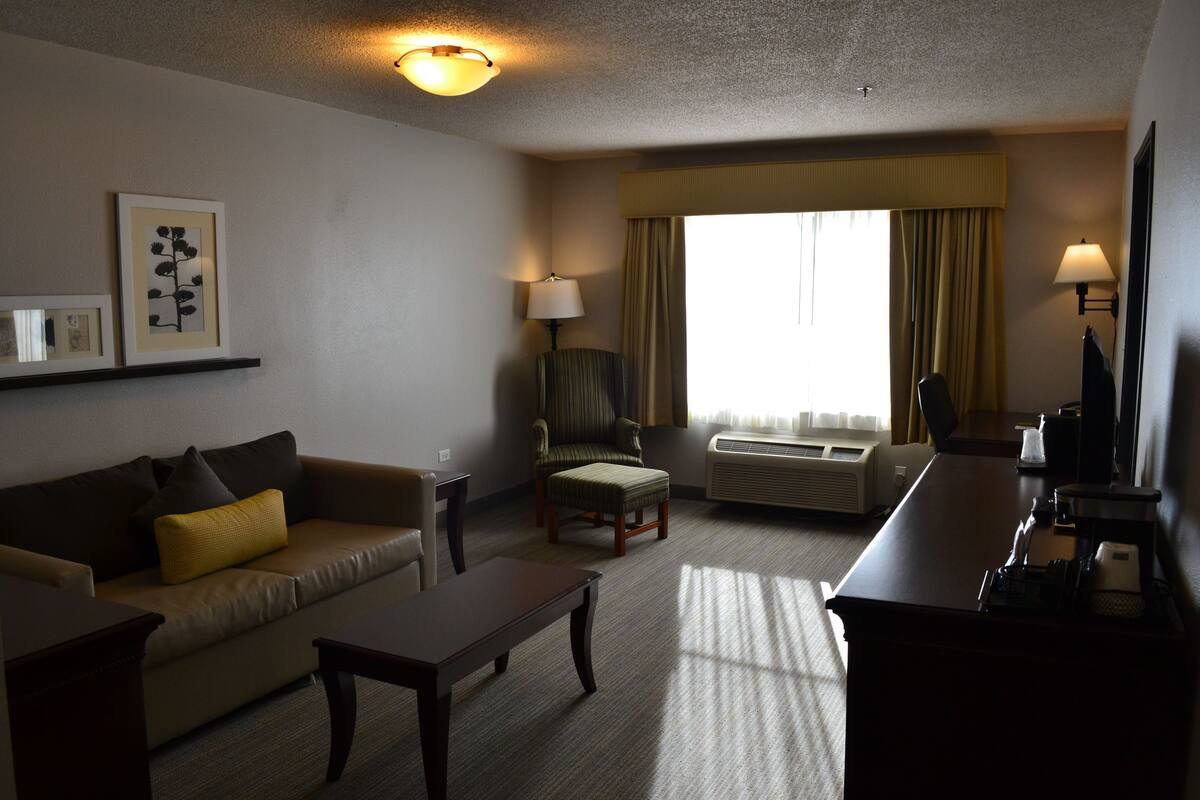 A hotel room with a sofa, armchair, ottoman, coffee table, desk, lamp, air conditioning unit, and framed artwork on the wall.