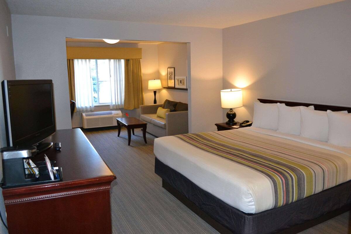 A hotel room with a bed, a desk with a television, a sofa, and a lamp.