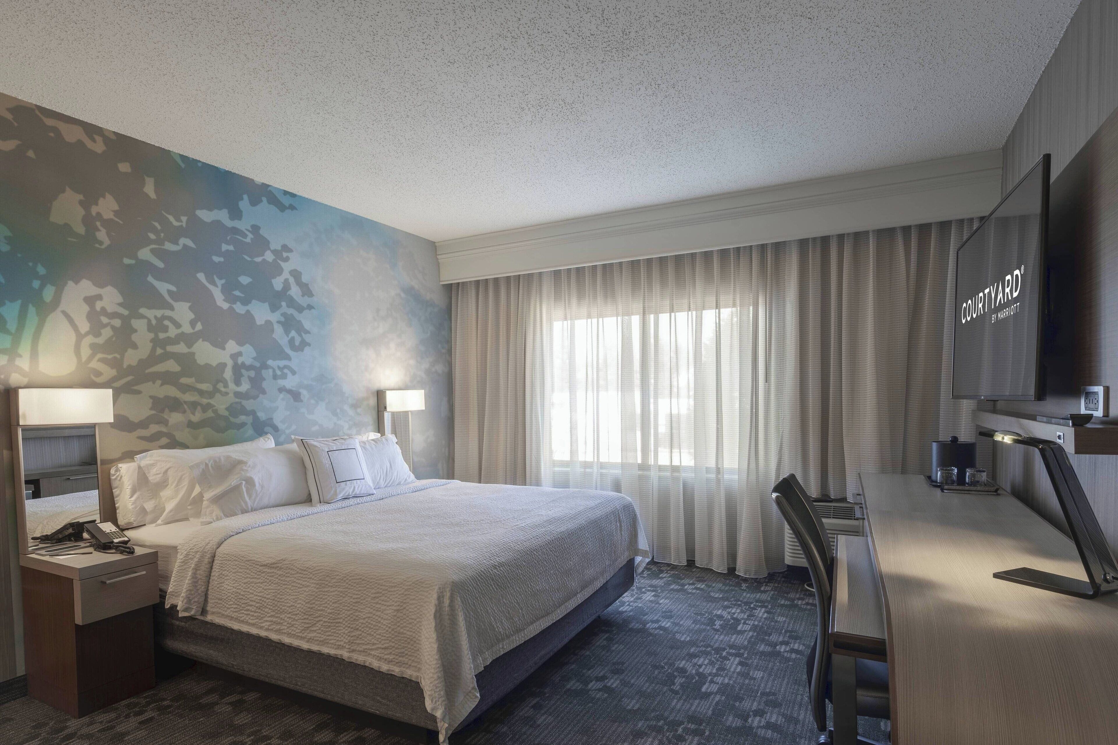 A hotel room with a large bed, a desk, a television, and a view of the outdoors through the window.