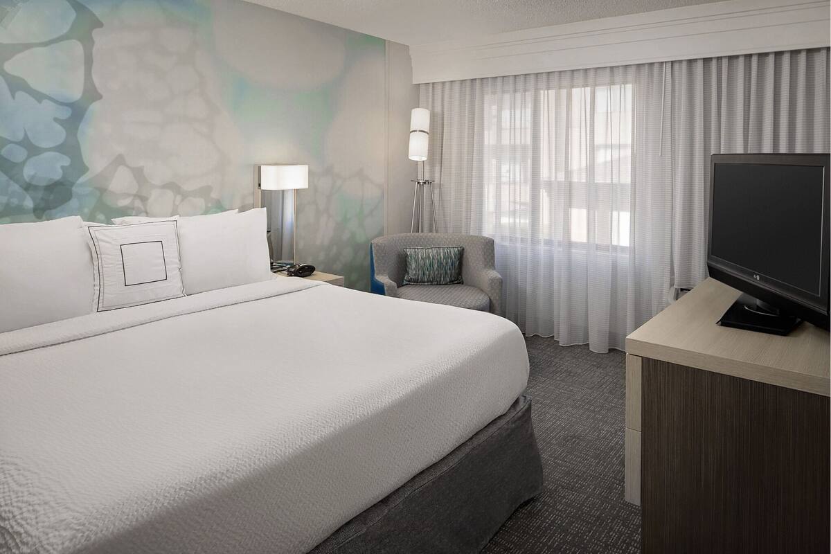 A hotel room with a large bed, a desk with a television, a chair, a lamp, and a view of the outdoors through the window.