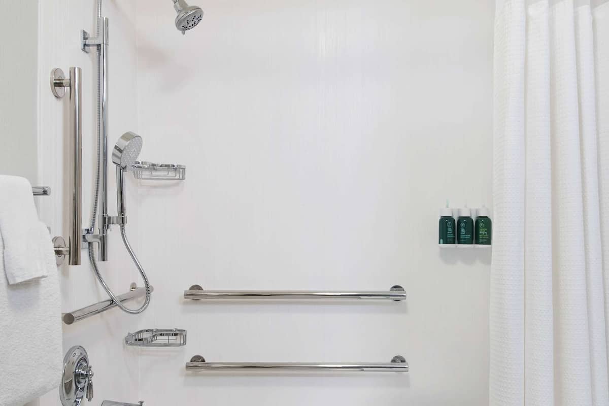 Combined shower/tub, free toiletries, hair dryer, towels