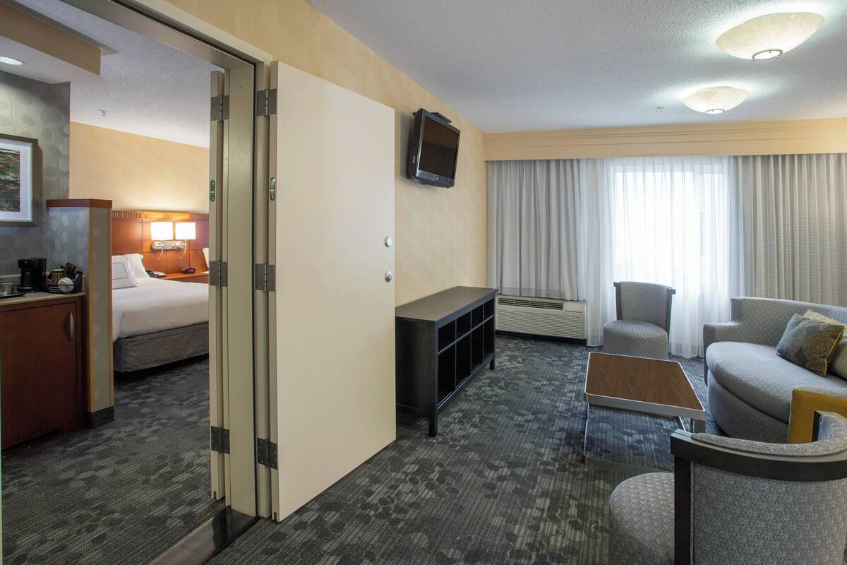 A hotel room with a bed, a desk, a television, a sofa, and a chair.