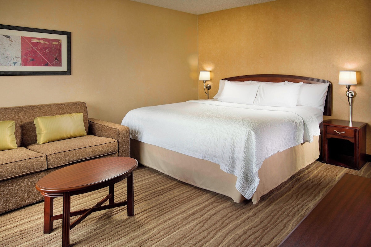 A hotel room with a bed, a sofa, a nightstand, and a lamp.