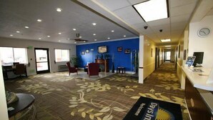 Una hall d'albergo con reception, area relax e tappeto decorato.