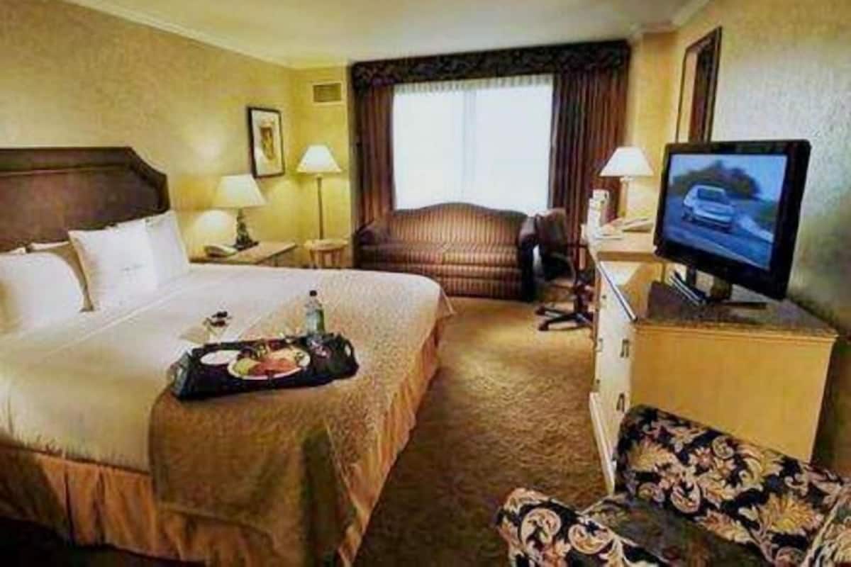 Habitación de hotel con cama, escritorio con televisor, silla y ventana con cortinas.