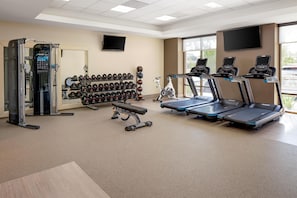 Un gimnasio con cintas de correr, máquinas de pesas y un estante lleno de mancuernas.