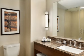 A hotel bathroom with a large mirror, a sink, and a toilet. There is a framed picture on the wall and a towel rack with towels.