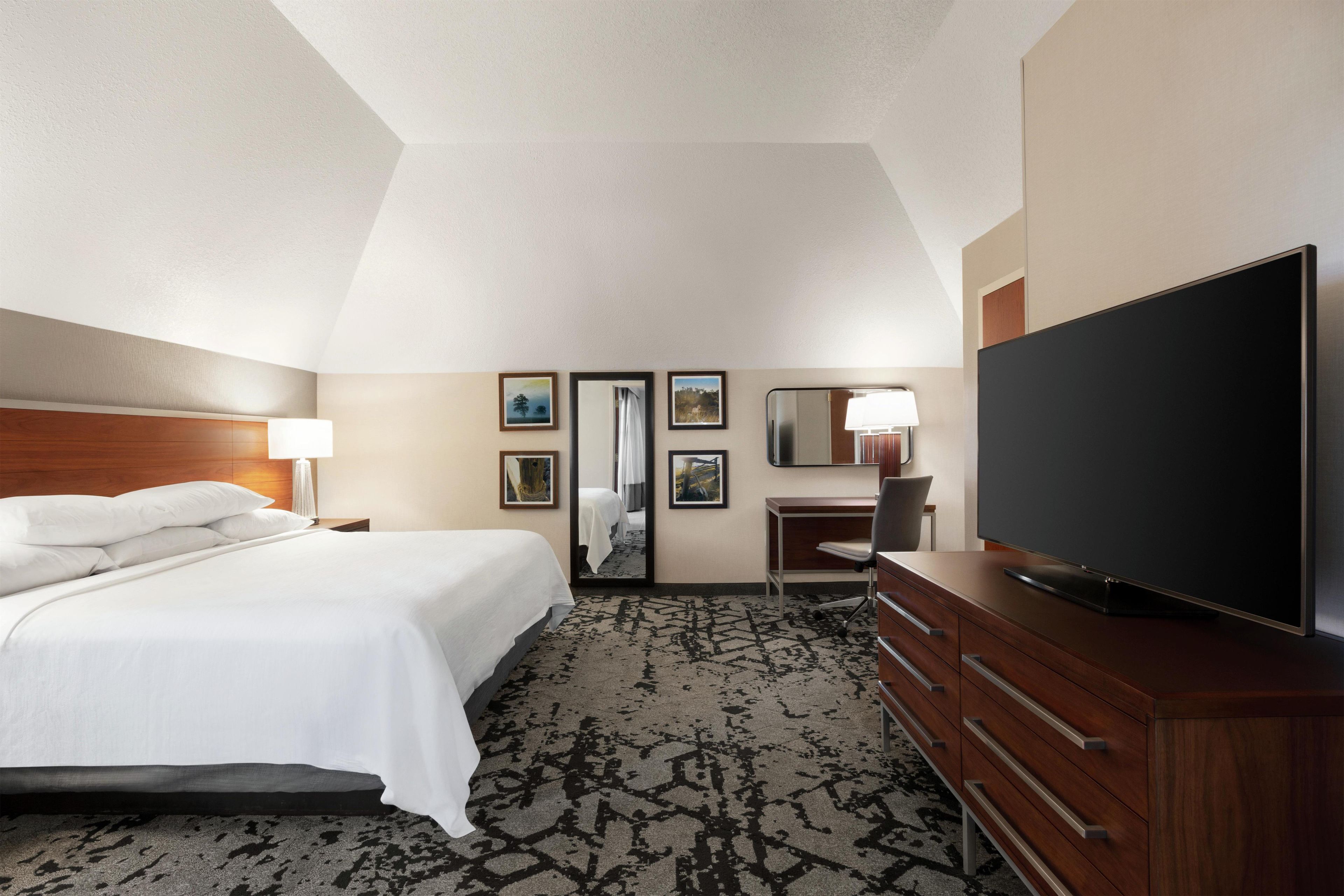 Habitación de hotel con cama, escritorio, televisor y espejo.