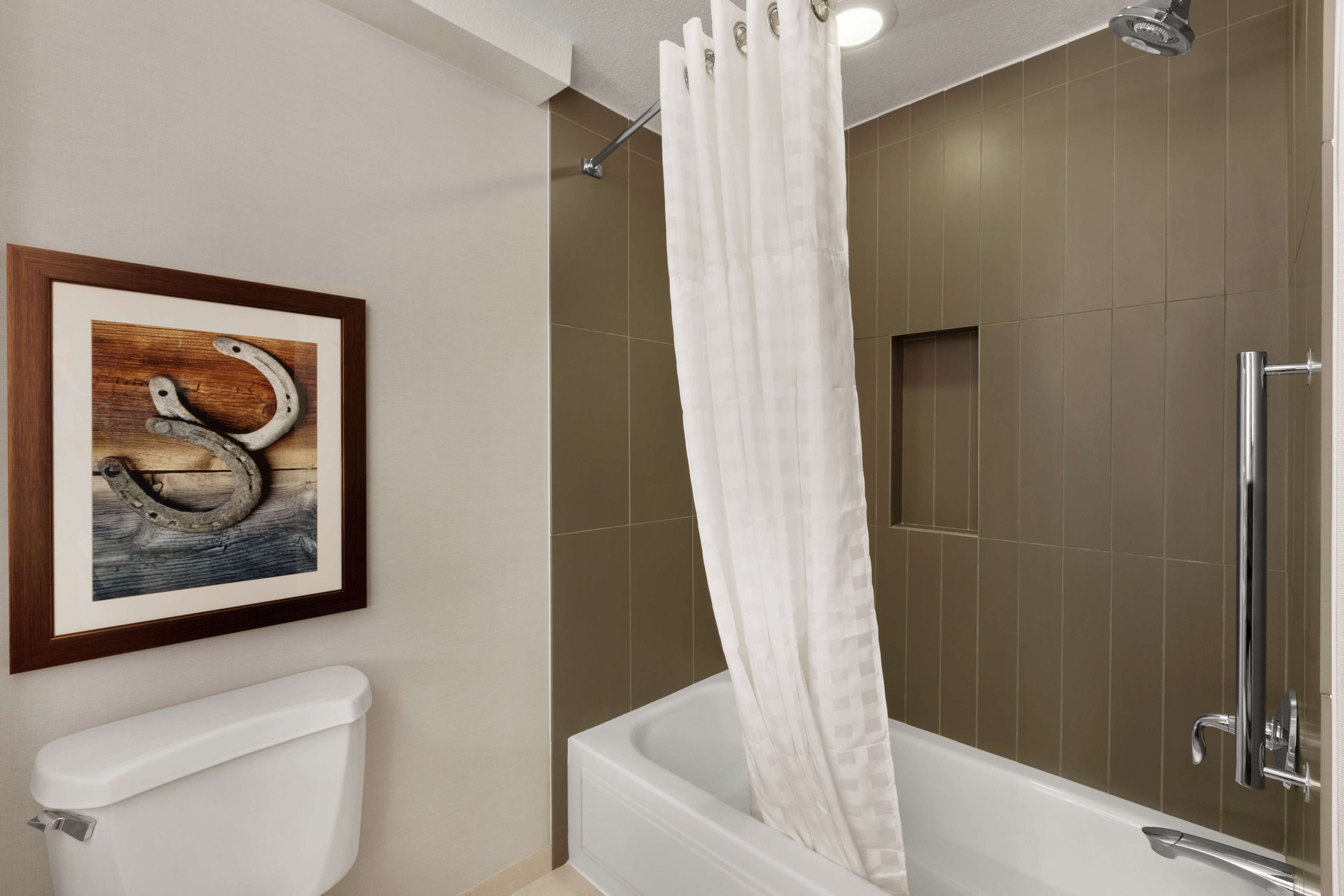 Een badkamer met een toilet, een bad met douchegordijn en een fotokader aan de muur.