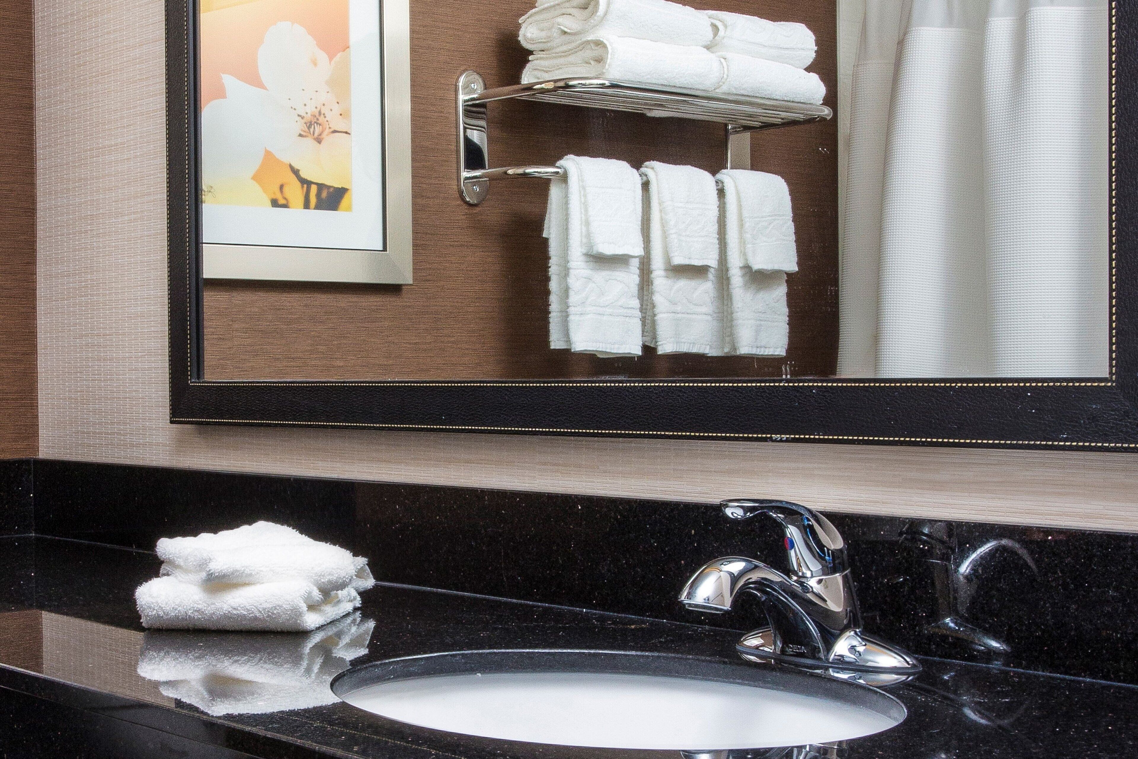 combined shower/bathtub, free toiletries, hair dryer, towels