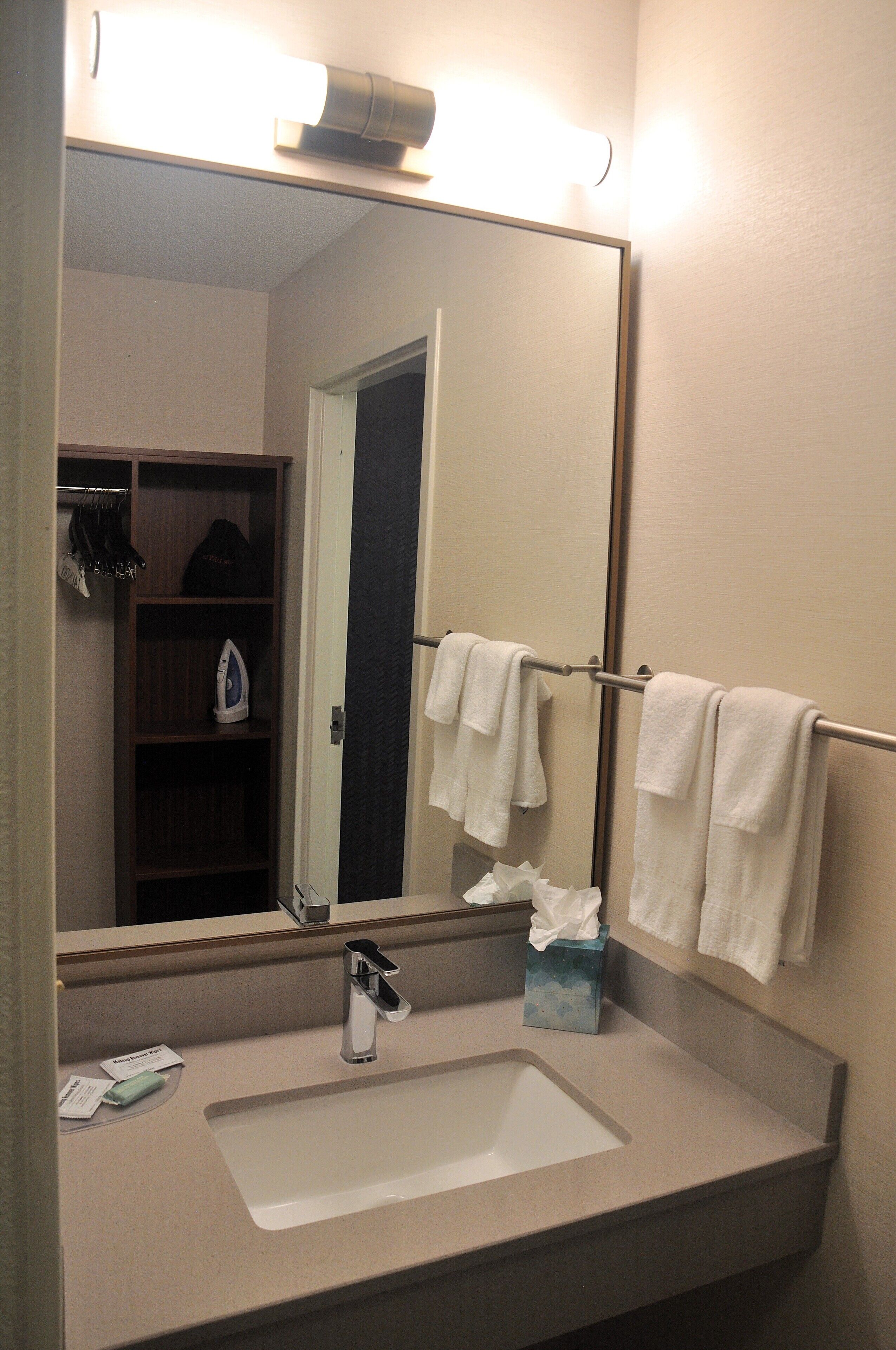 combined shower/bathtub, free toiletries, hair dryer, towels