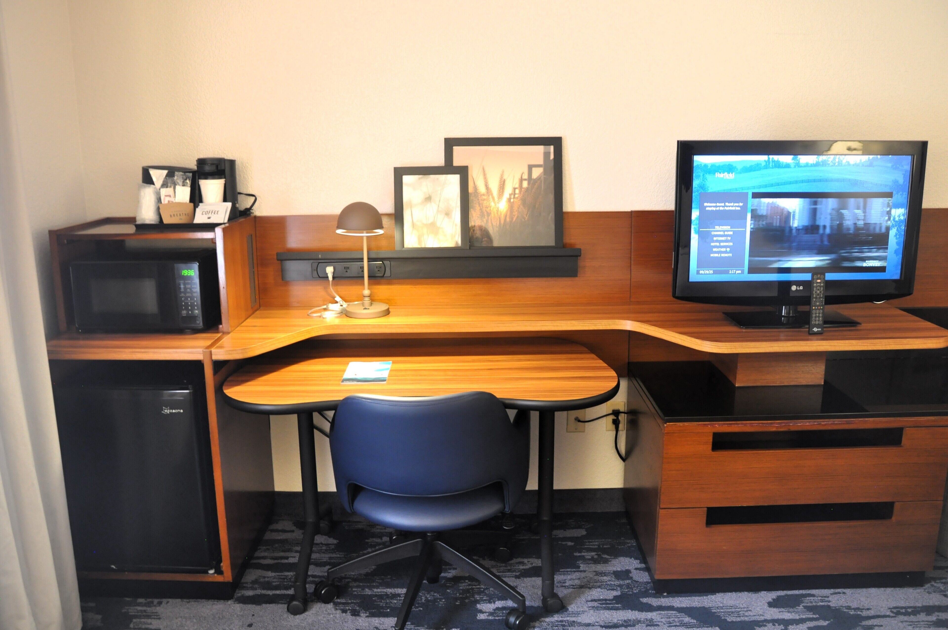desk, laptop workspace, blackout curtains, iron/ironing board