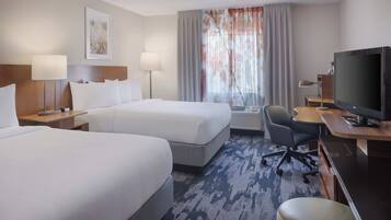 Desk, laptop workspace, blackout drapes, iron/ironing board