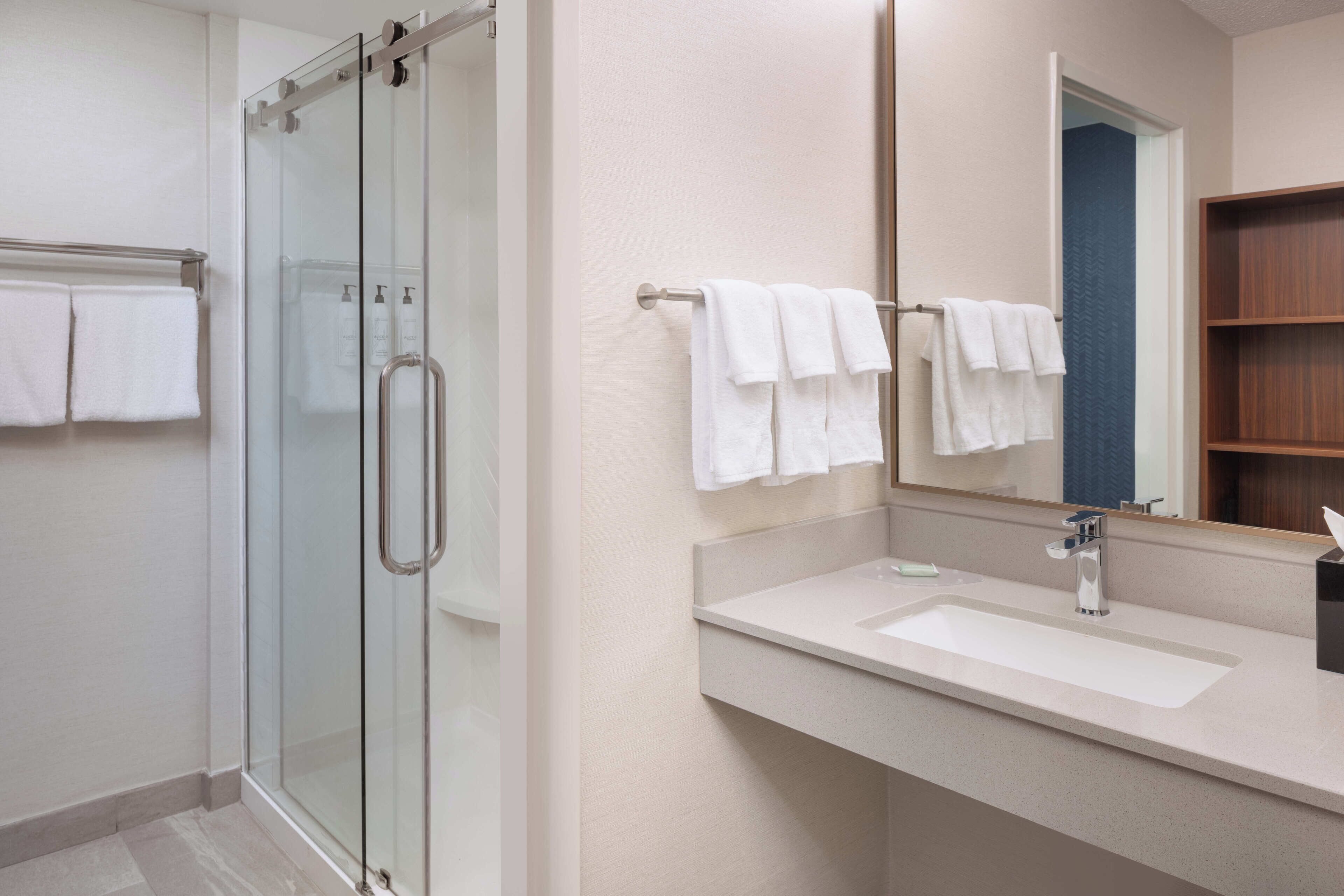 A modern bathroom with a glass shower enclosure, a large mirror, and a white sink.
