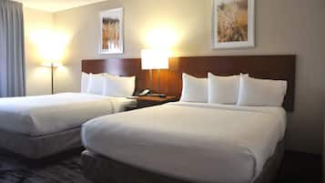 Desk, laptop workspace, blackout drapes, iron/ironing board