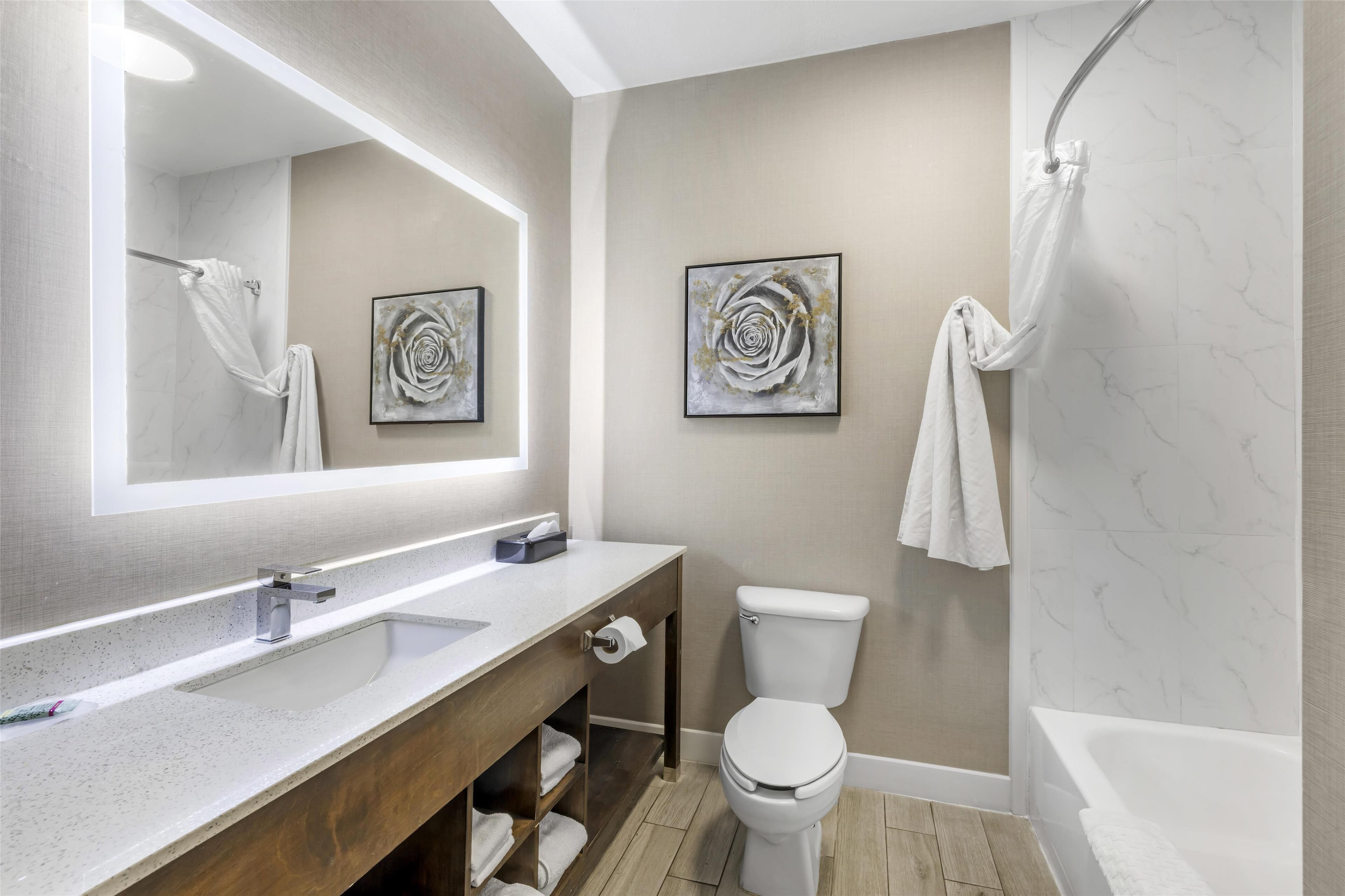 standard room, 2 queen beds, non smoking, refrigerator & microwave | bathroom | combined shower/bathtub, free toiletries, hair dryer, towels