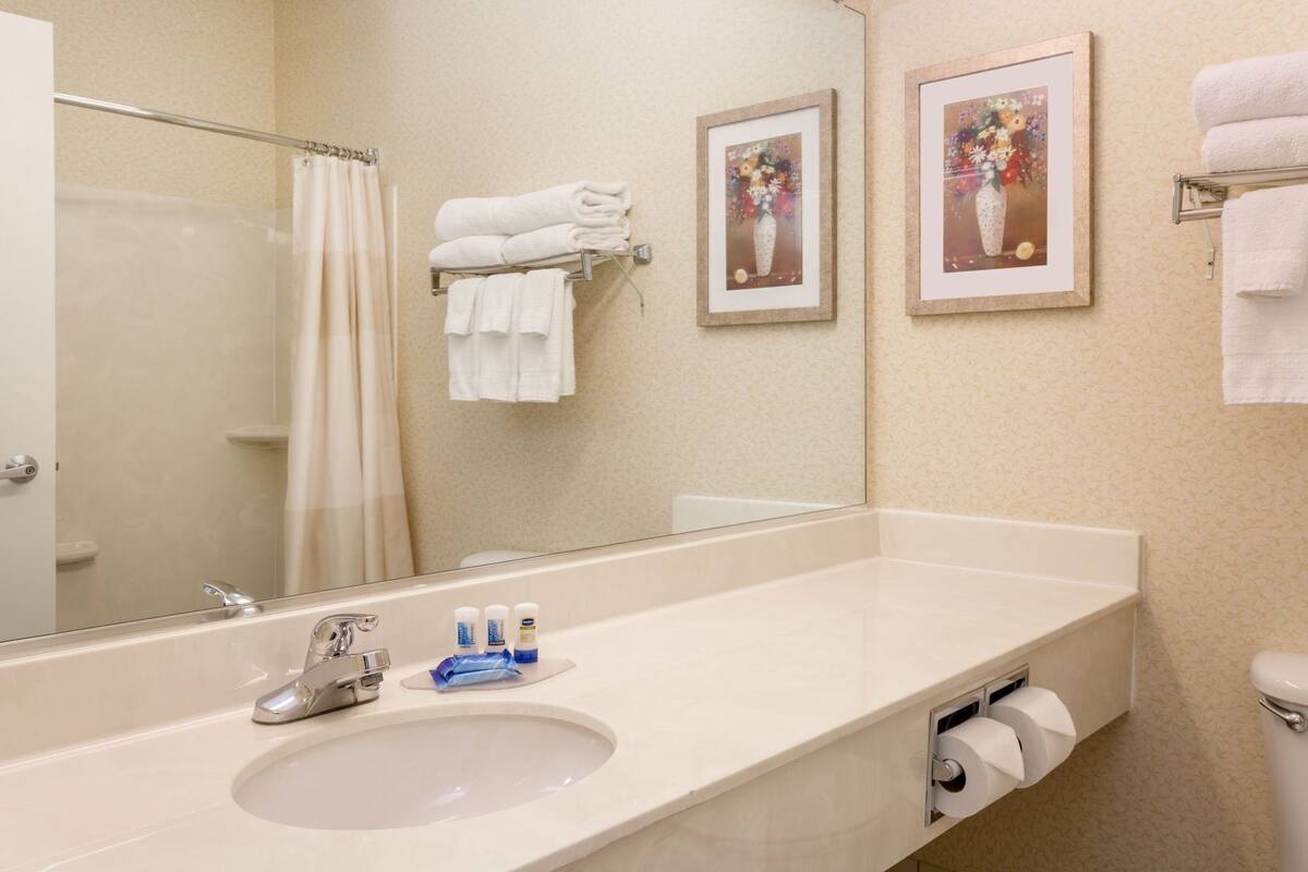 Ein Badezimmer mit großem Spiegel, Waschbecken, Toilette und Handtüchern.