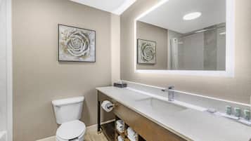 Un baño moderno con inodoro, tocador y un espejo grande.