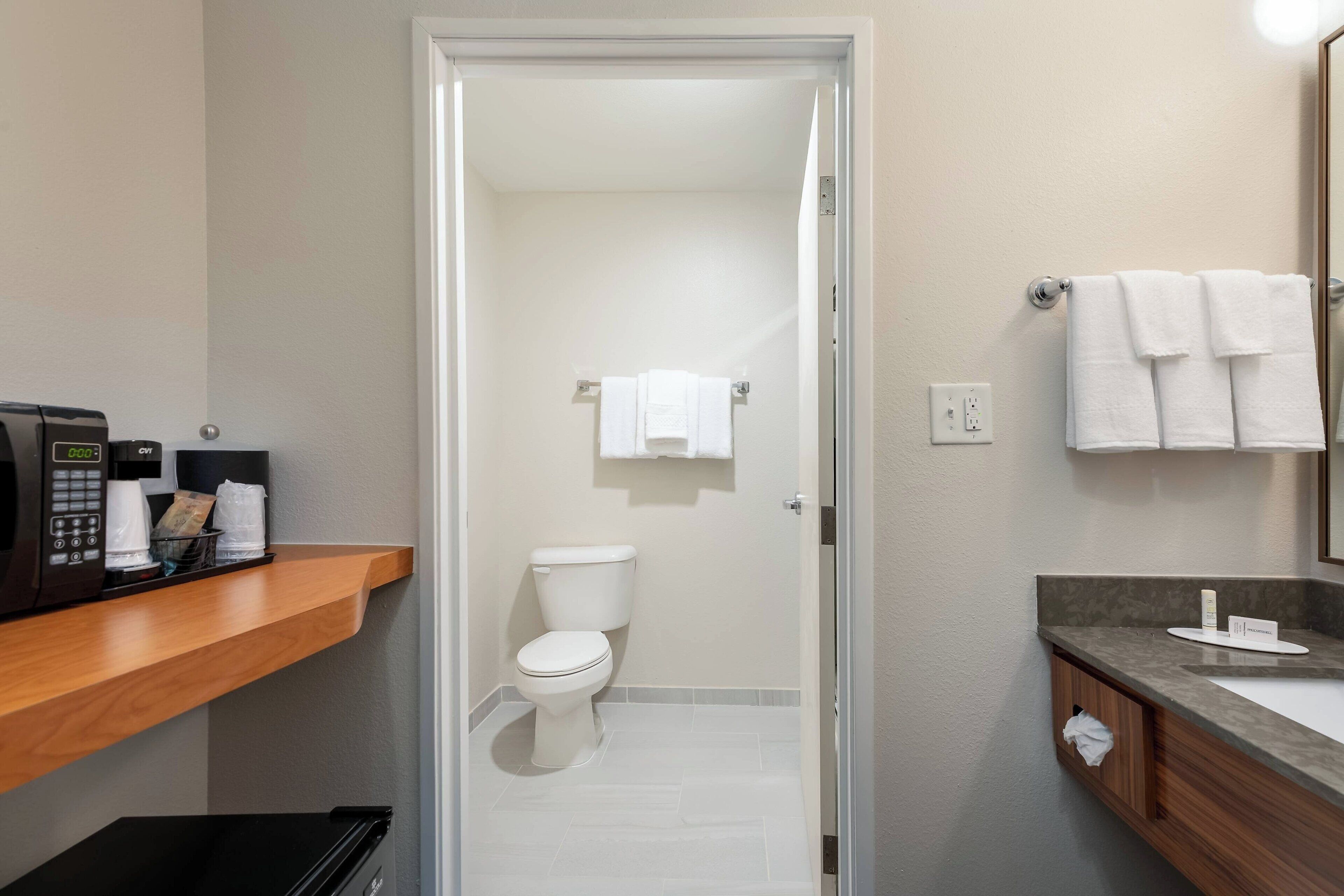 A bathroom with a toilet, a sink, a mirror, and a shelf with a coffee maker and toiletries.