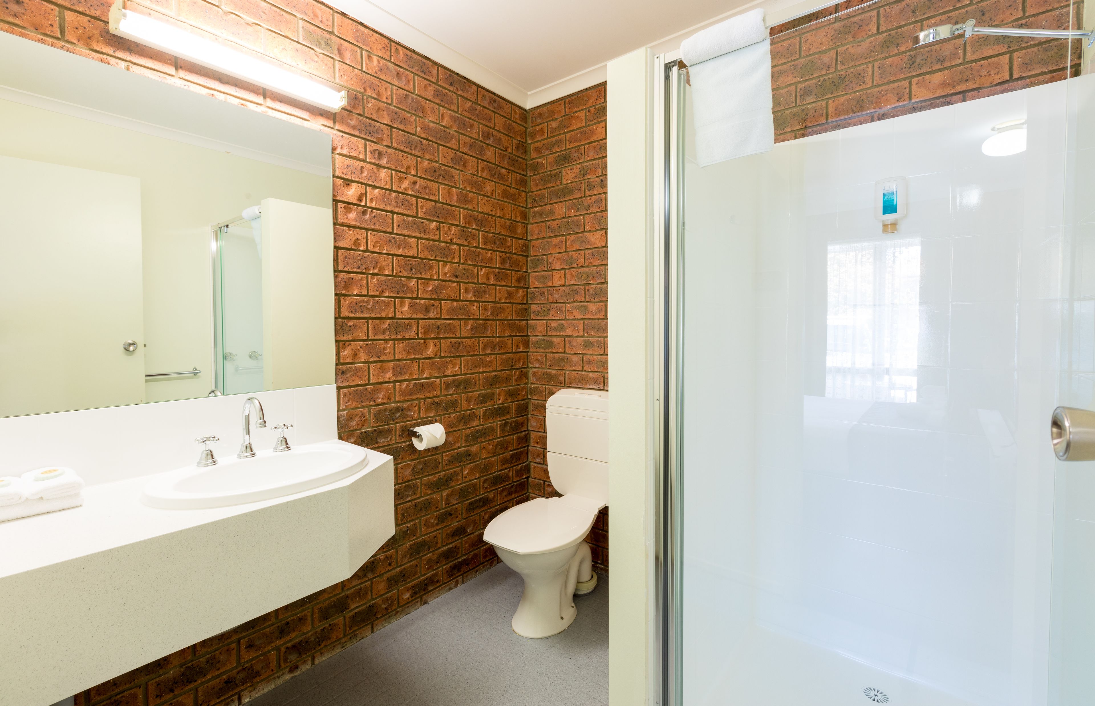 Une salle de bain avec un lavabo blanc, des toilettes et une cabine de douche en verre.