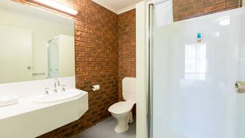 Une salle de bain avec un lavabo blanc, des toilettes et une cabine de douche en verre.