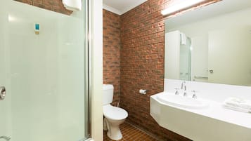 A bathroom with a glass shower enclosure, a toilet, and a sink with a mirror.