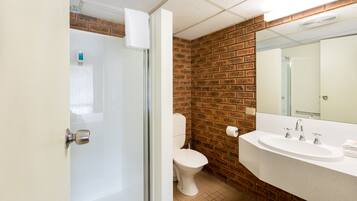 Ein Badezimmer mit Toilette, Waschbecken und Spiegel.