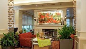 A lobby with a fireplace, seating area, and large windows. - Hilton Garden Inn Tulsa Airport (Tulsa)
