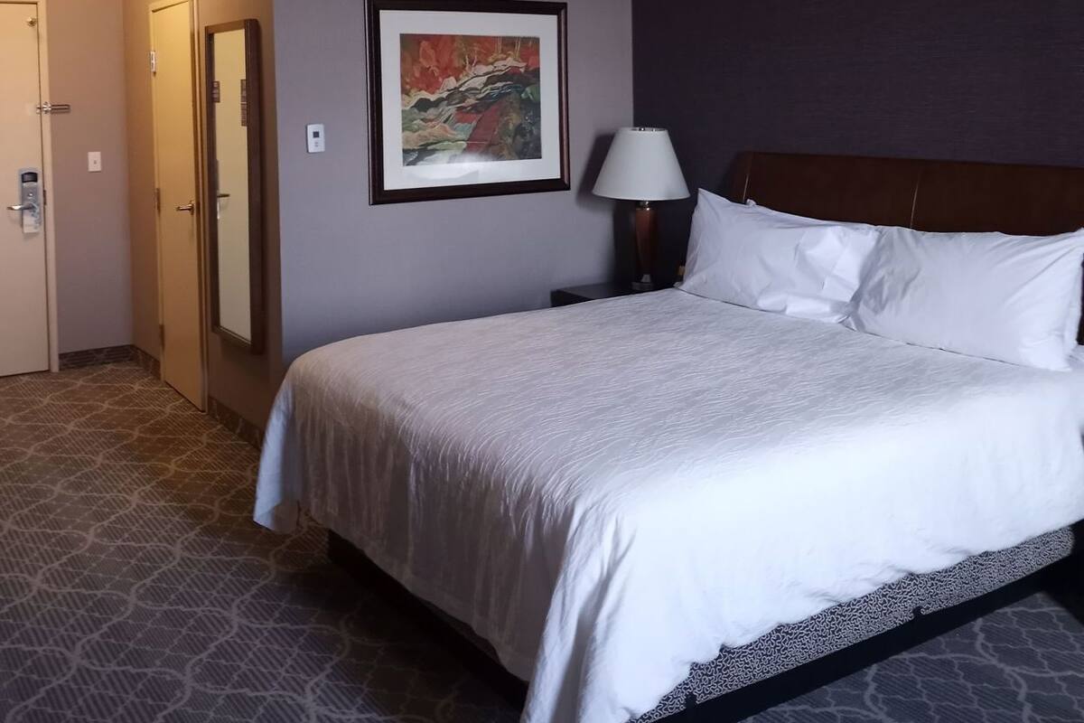 Una habitación de hotel con una cama, una mesita de noche, una lámpara, un cuadro en la pared y una puerta.