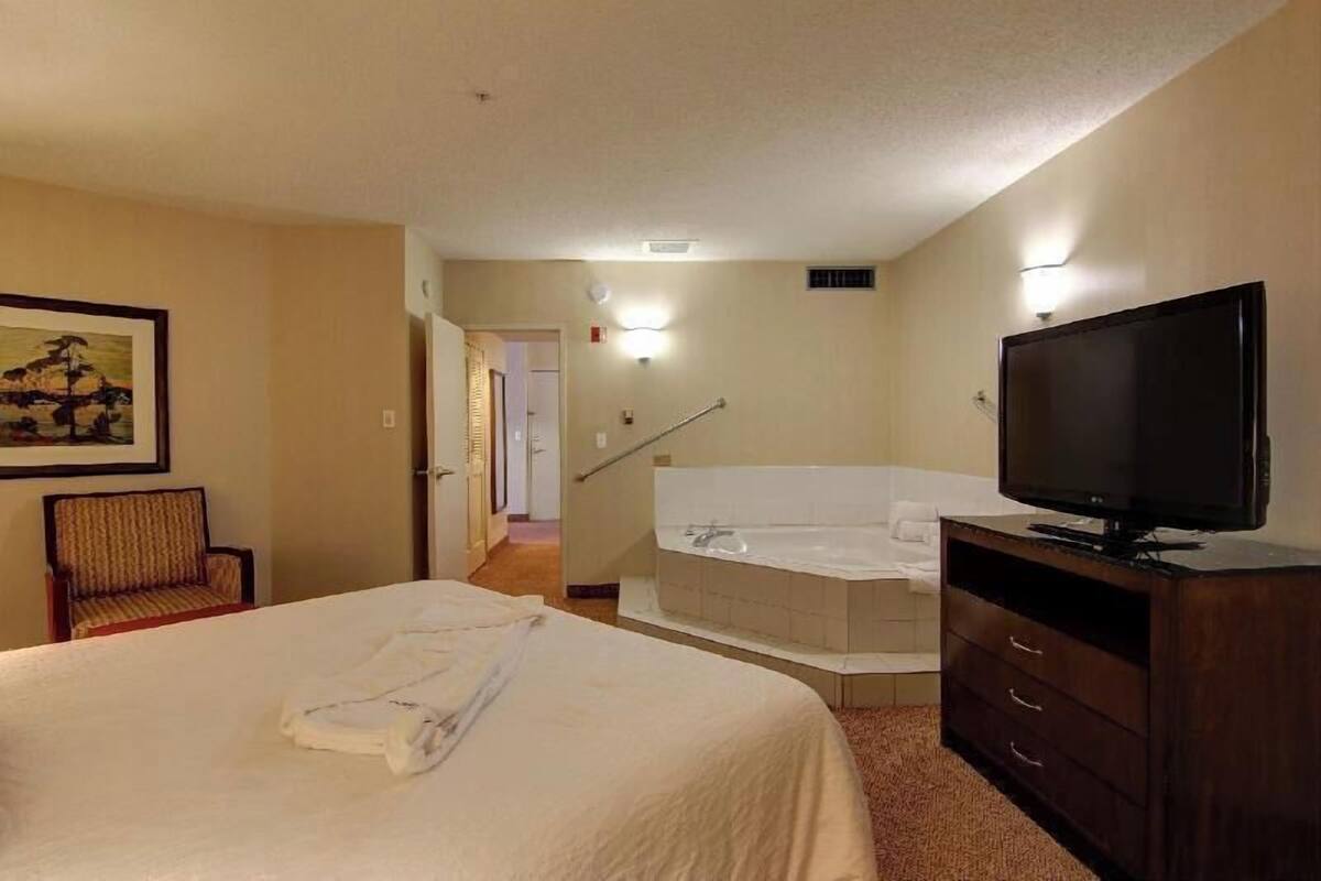 Una habitación de hotel con cama, televisión, bañera y una silla.