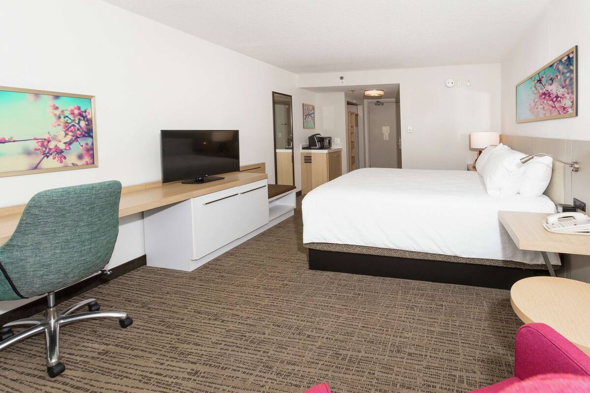 A hotel room with a bed, a desk with a TV, a chair, a desk lamp, and a bedside table with a phone.