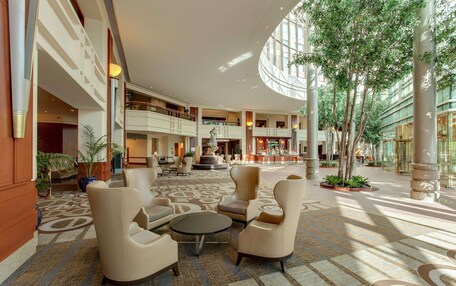 A spacious lobby with a central seating area, multiple levels, and a fountain.