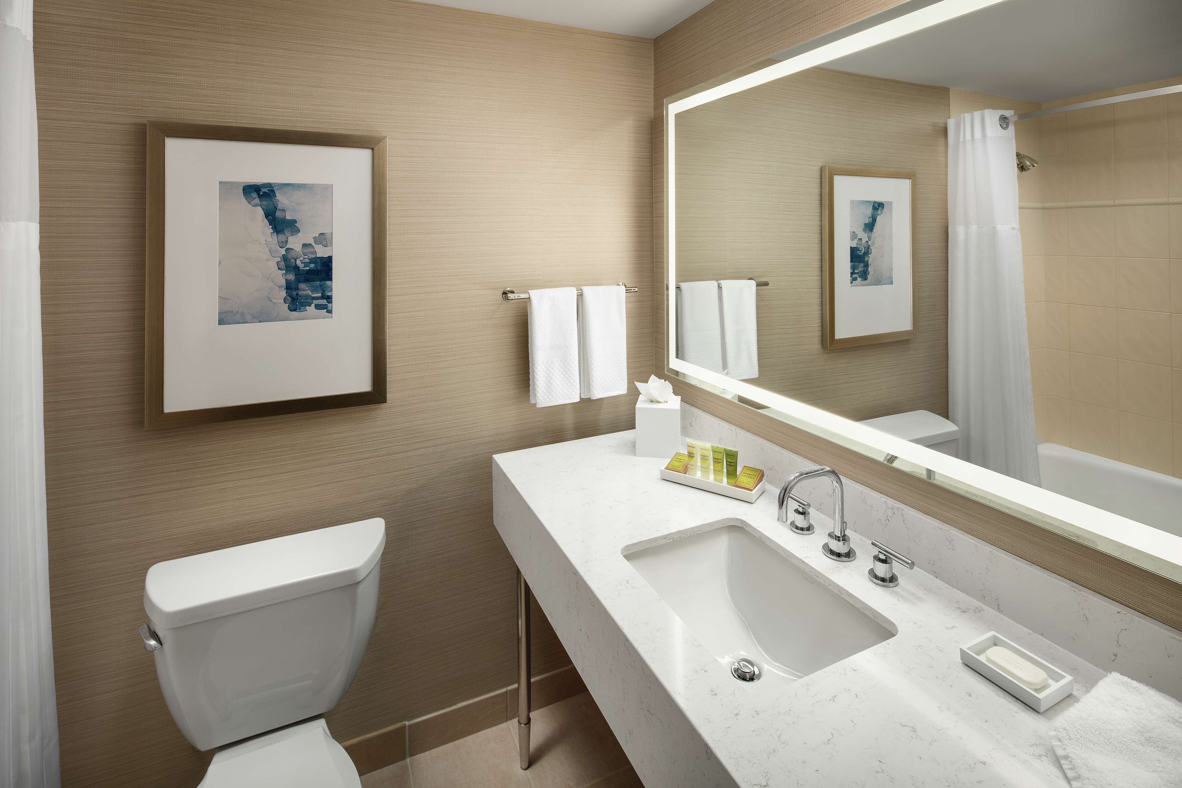 combined shower/bathtub, designer toiletries, hair dryer, towels