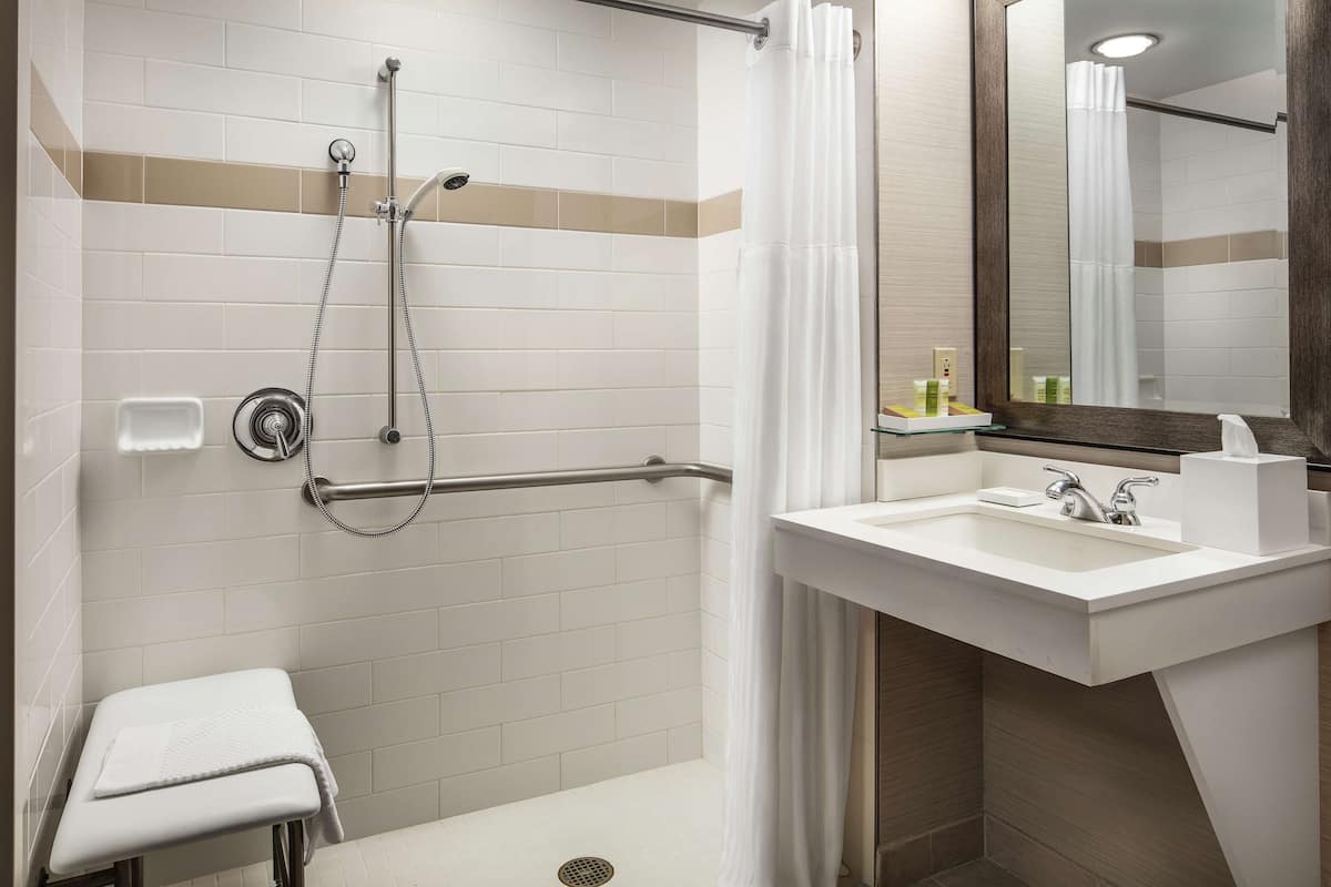 combined shower/bathtub, designer toiletries, hair dryer, towels