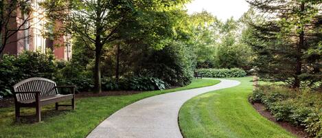 A curved pathway with a bench on the left, surrounded by lush greenery and trees.