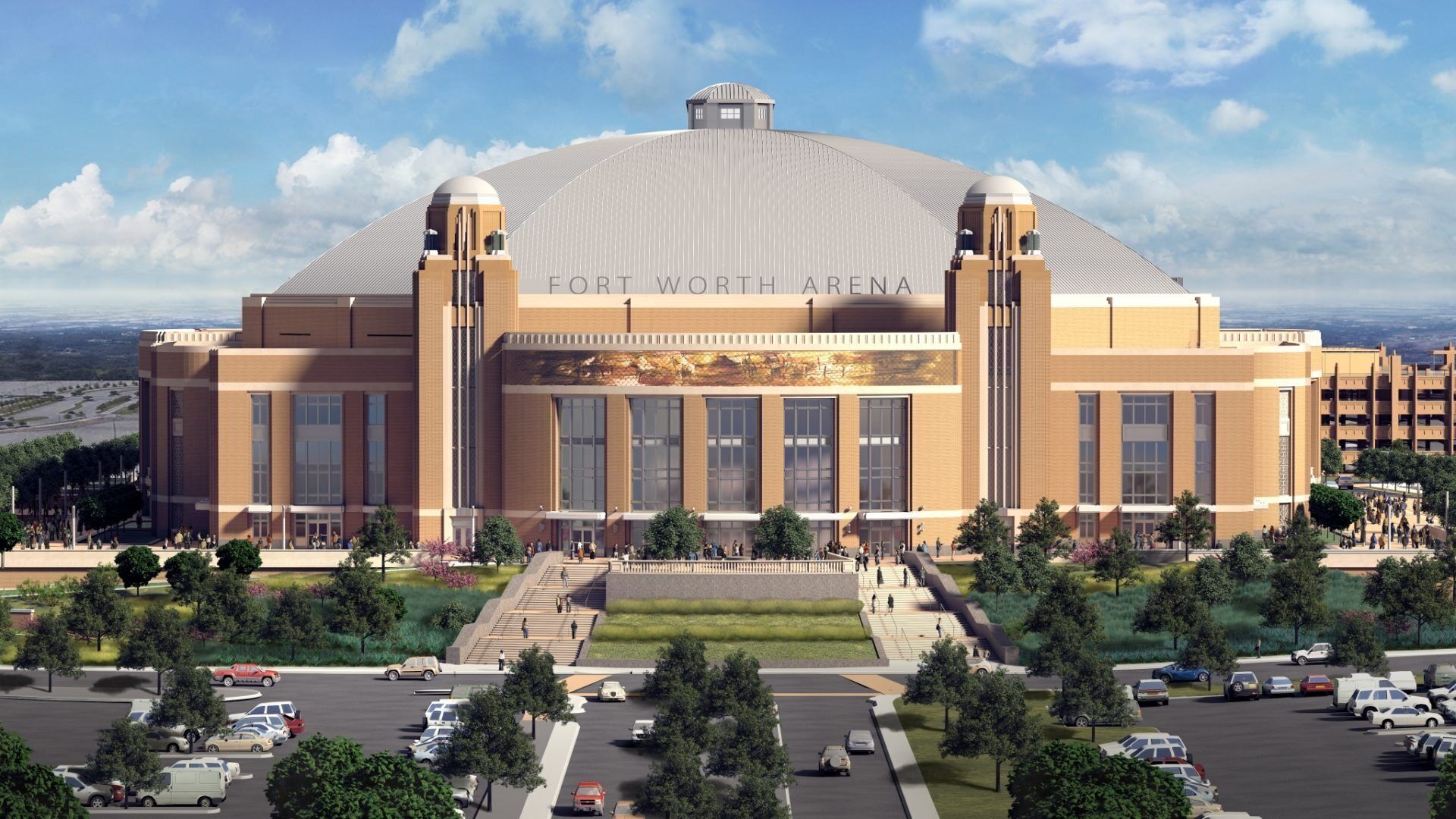 A large stadium with a prominent dome and the name "FORT WORTH ARENA" on the facade.