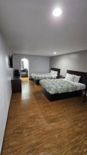 Desk, laptop workspace, blackout curtains, free WiFi