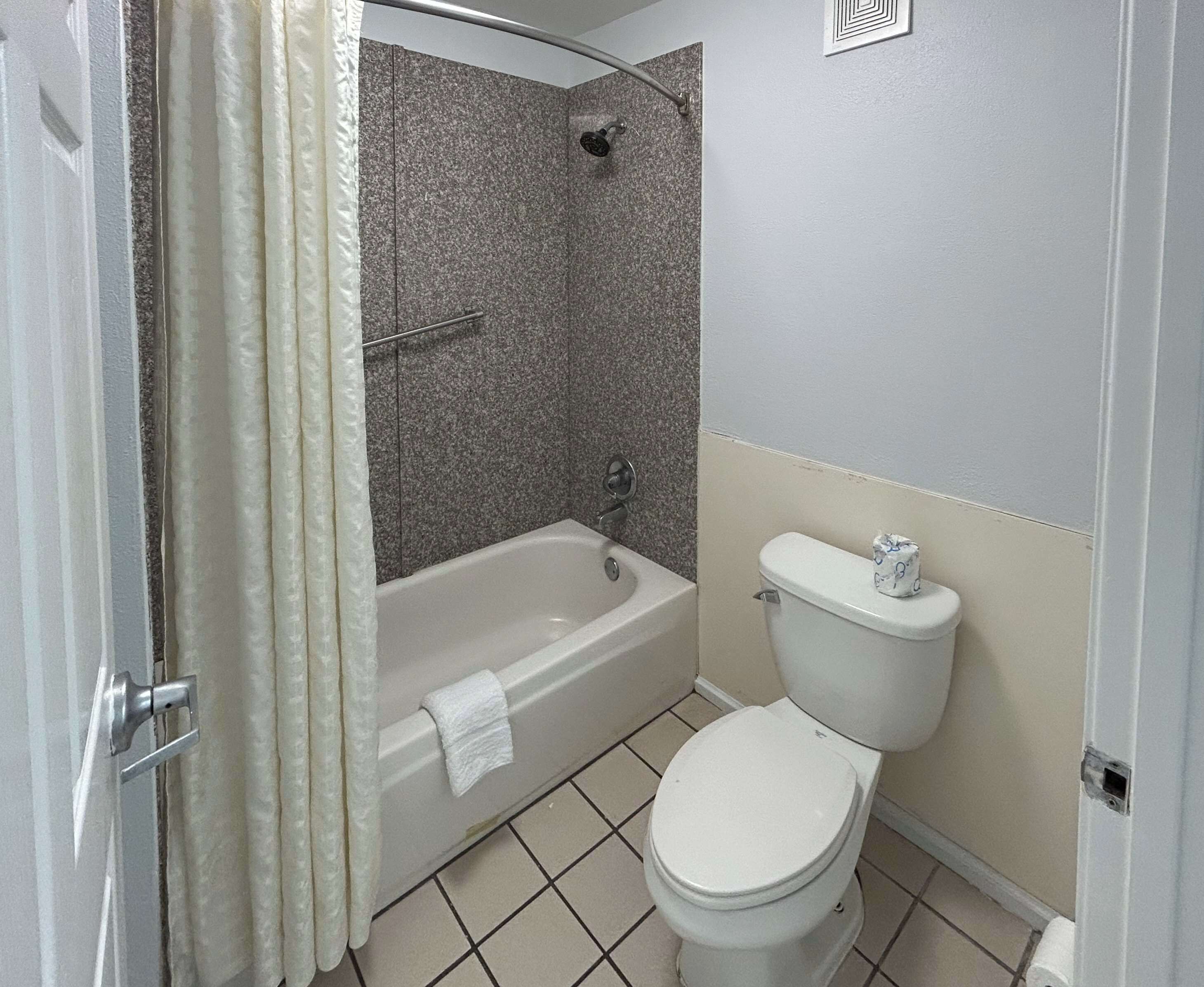 A bathroom with a bathtub, toilet, and shower.
