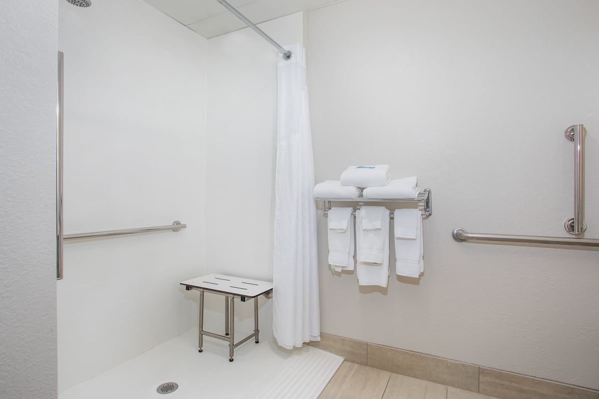 combined shower/bathtub, free toiletries, hair dryer, towels