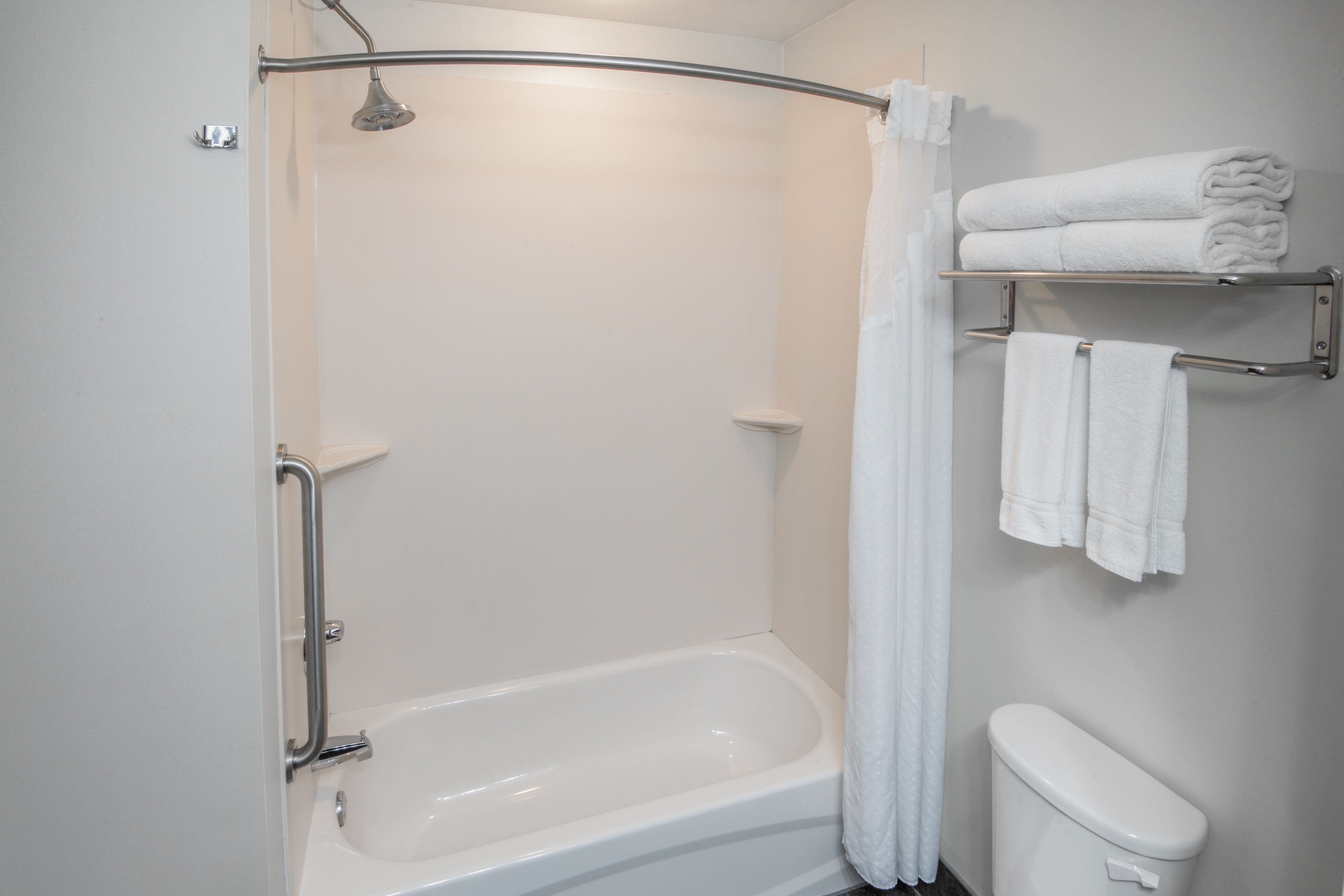 A modern bathroom with a walk-in shower, a bathtub, and a toilet.