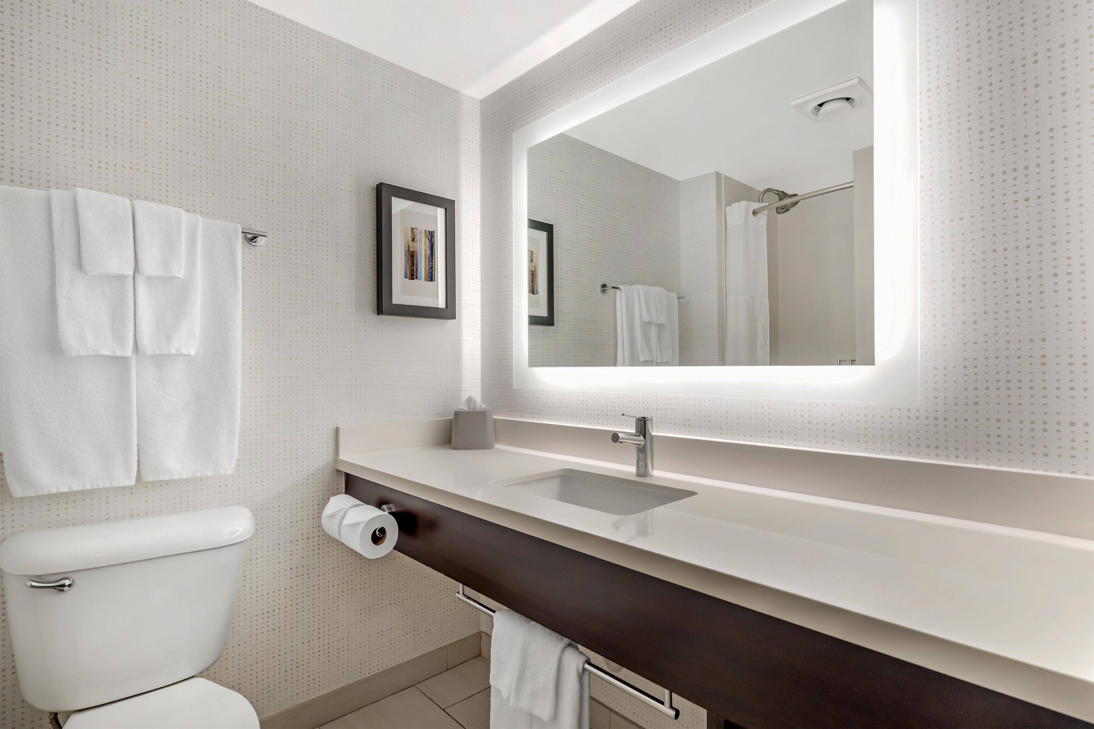 A modern bathroom with a toilet, sink, and mirror.